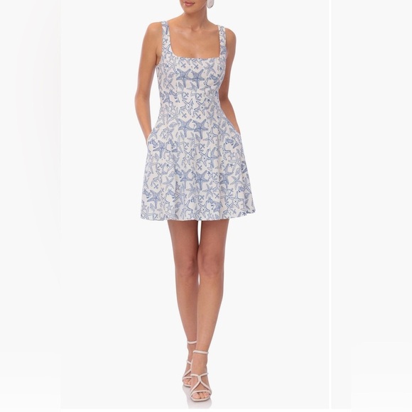 Avec Les Filles Blue White Print Fit & Flare Dress Square Neck Size 14 NWT - Picture 1 of 9